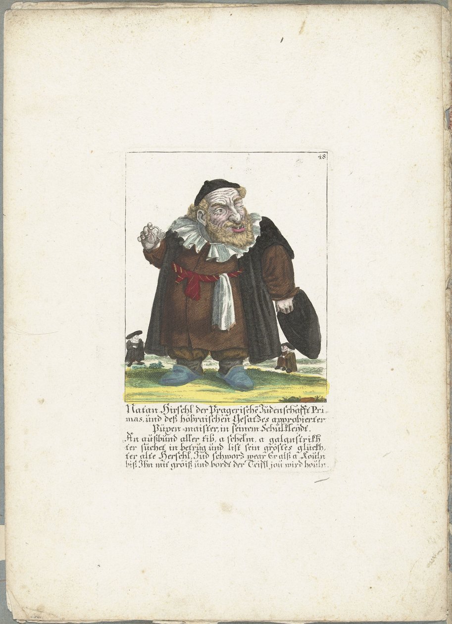 De joodse dwerg Natan Hirschl, ca. 1710 Natan Hirschl, primat fra Prag-jøderne, og Püpen-maister godkendt af den hoebraiske lov, i sit skoletøj (titel på objekt) Il Callotto resurcitato eller nyindrettet Zwerchen-skab (se af Martin Engelbrecht (attributed to)
