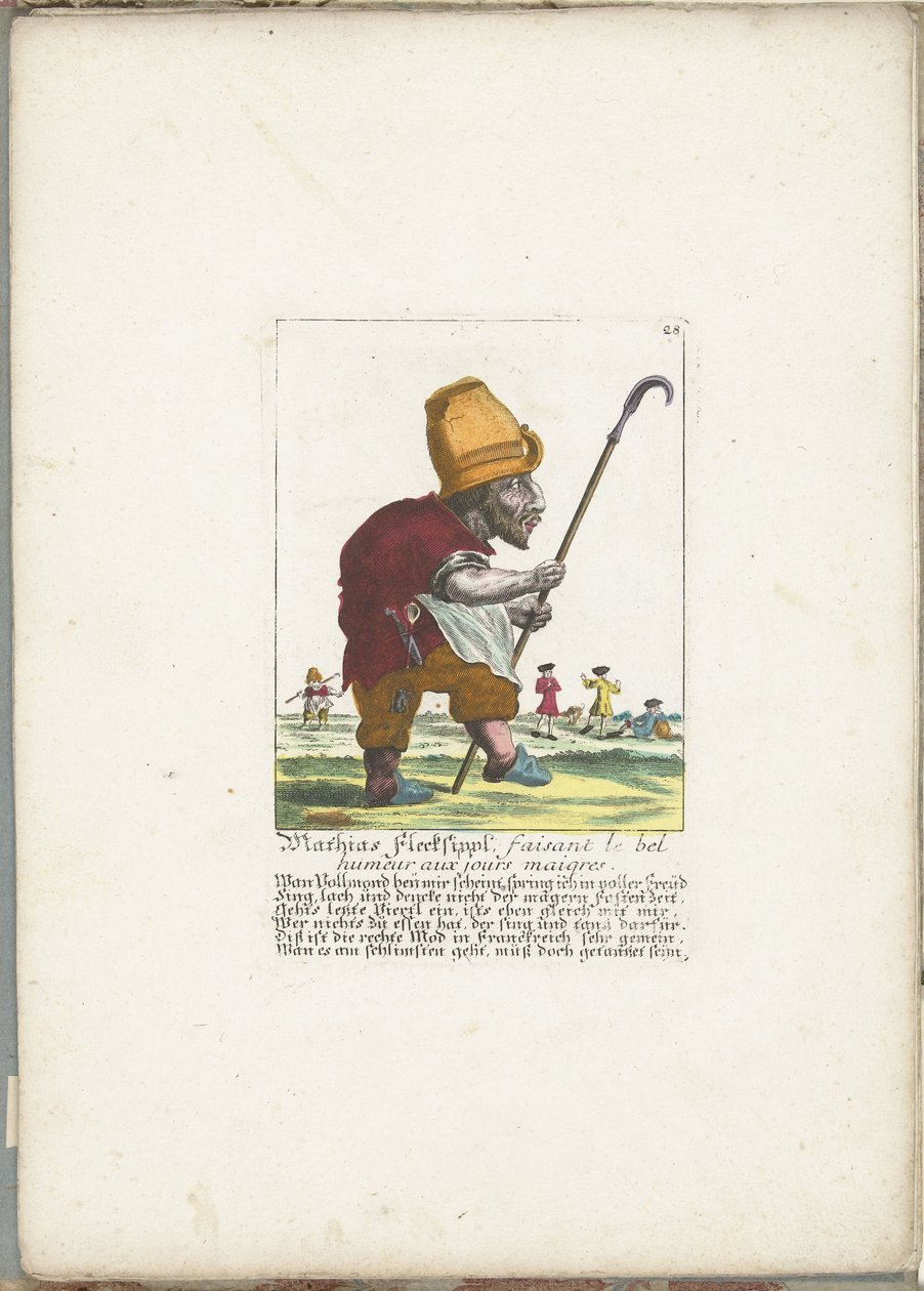 Den muntre dværg Mathias Flecksippl, ca. 1710 Mathias Flecksippl, faisant le bel humeur aux jours maigres (titel på objekt) Il Callotto resurcitato eller nyudnævnt Zwerchen-kabinet (serietitel) af Martin Engelbrecht (attributed to)