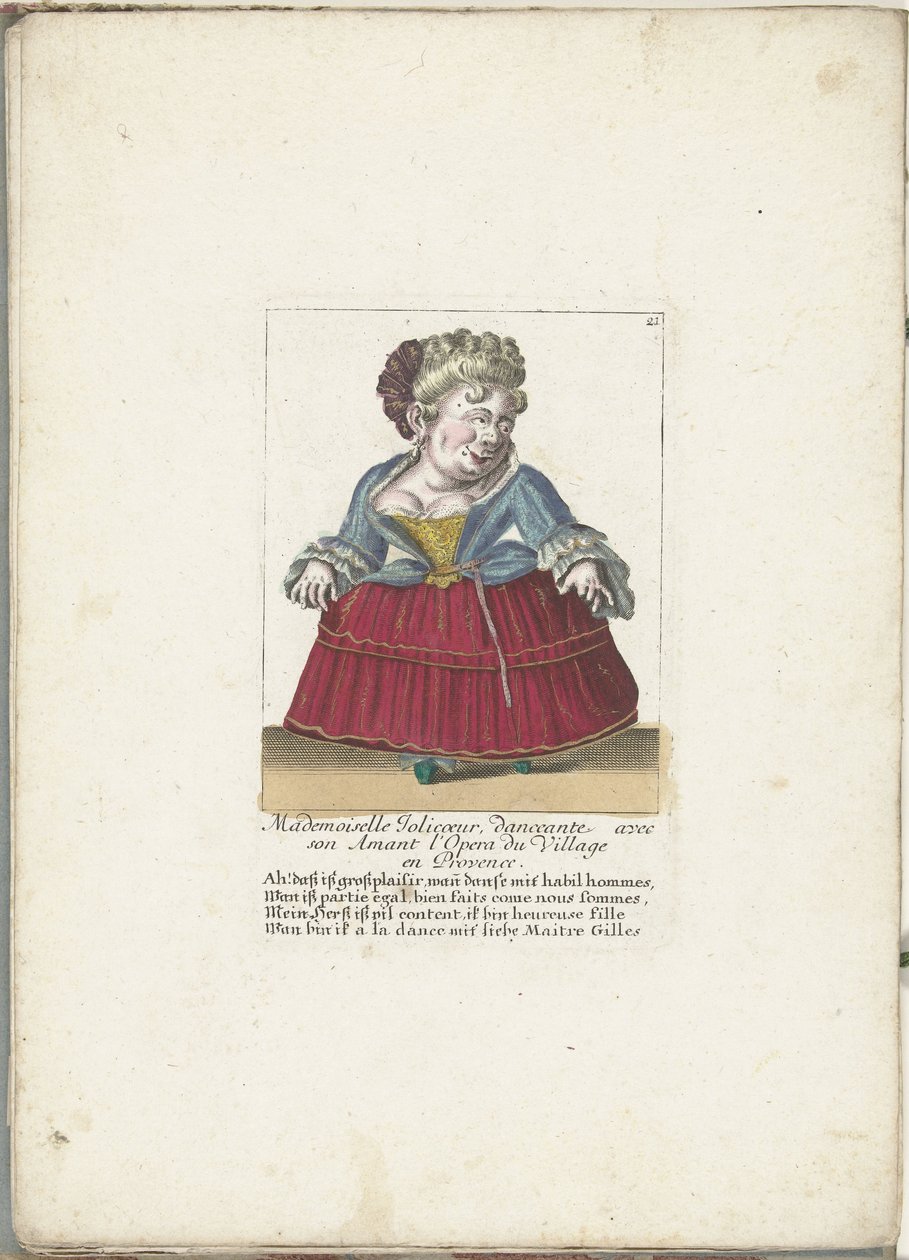 Dwerg als de Franse Mademoiselle Jolicoeur, ca. 1710 Mademoiselle Jolicoeur, danser med sin elsker ved Opera du Village i Provence (titel på objektet) Il Callotto resurcitato oder Neu eingerichtes Zwerchen Cabinet (serietitel) af Martin Engelbrecht (attributed to)