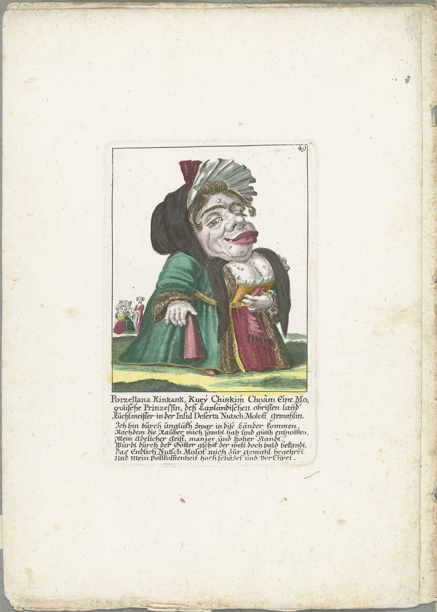 Karikatur af Porzellana Kinkank Porzellana Kinkank, Kuey Chinkim Choâm En mogolsk prinsesse, det lapske land besad Kuchlmeister på øen Deserta Nutsch Moloff, hustru (titel på objektet) Il Callotto resurcitato eller ommøbleret af Martin Engelbrecht (attributed to)