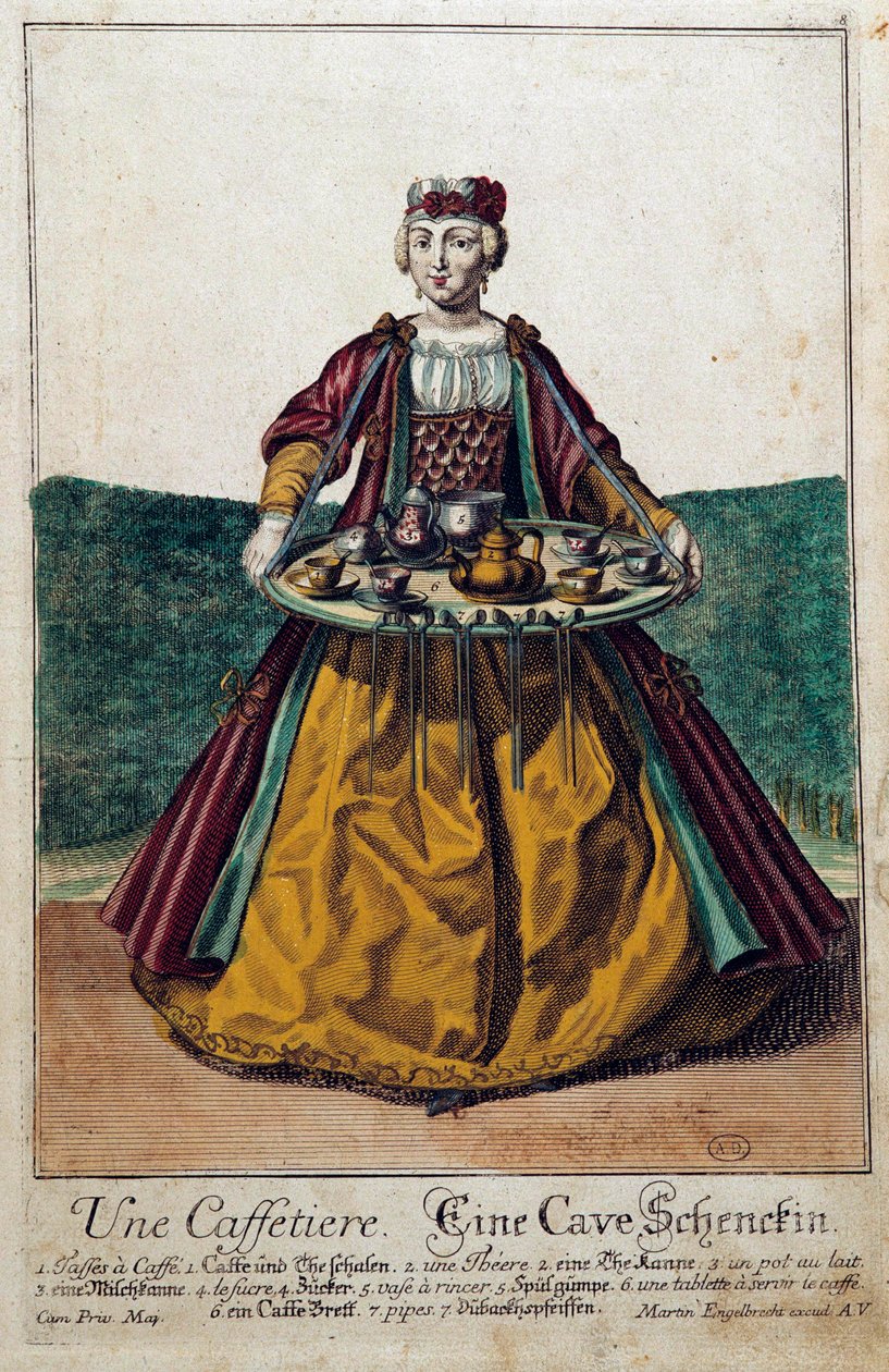 En kaffemaskine: en ung kvinde, der bærer en bakke fyldt med en kaffeservice. Stik af Martin Engelbrecht (1684-1756) 1700-tallet. Paris, dekorativ kunst af Martin Engelbrecht