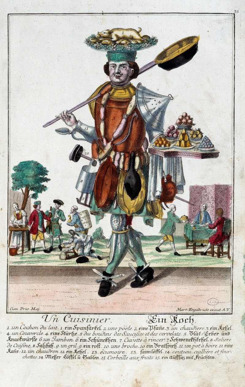 En kok. Stik af Martin Engelbrecht (1684-1756), i "" Ny samling af manouvries habilles"" 1700-tallet, Tyskland. Paris, dekorativ kunst af Martin Engelbrecht