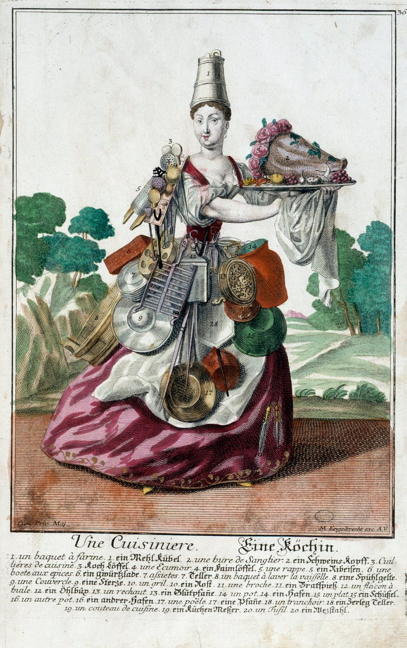 En kok. Stik af Martin Engelbrecht (1684-1756), i "" Ny samling af manouvries habilles"" 1700-tallet, Tyskland. Paris, dekorativ kunst af Martin Engelbrecht