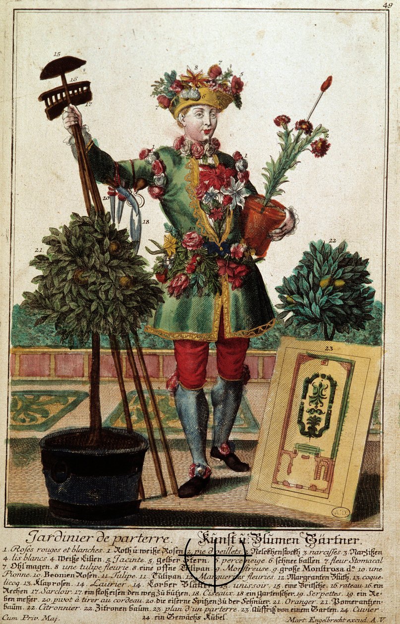 En gartner. Stik af Martin Engelbrecht (1684-1756), i "" Ny samling af manouvries habilles"" 1700-tallet, Tyskland. Paris, dekorativ kunst af Martin Engelbrecht