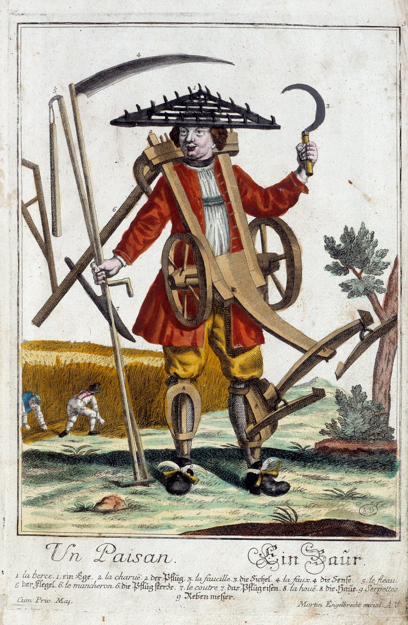 En bonde. Stik af Martin Engelbrecht (1684-1756), i "" Ny samling af manouvries habilles"" 1700-tallet, Tyskland. Paris, dekorativ kunst af Martin Engelbrecht