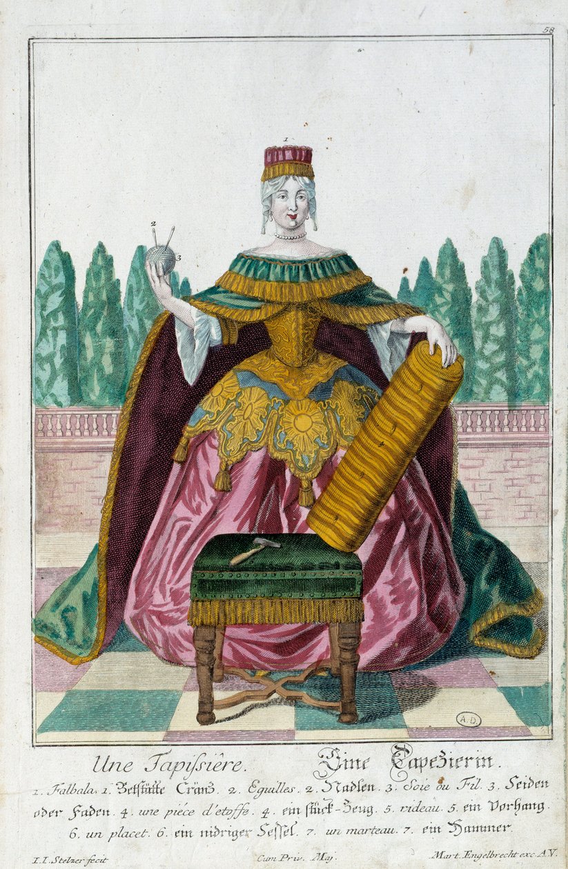 En polstring. Stik af Martin Engelbrecht (1684-1756), i "" Ny samling af manouvries habilles"" 1700-tallet, Tyskland. Paris, dekorativ kunst af Martin Engelbrecht