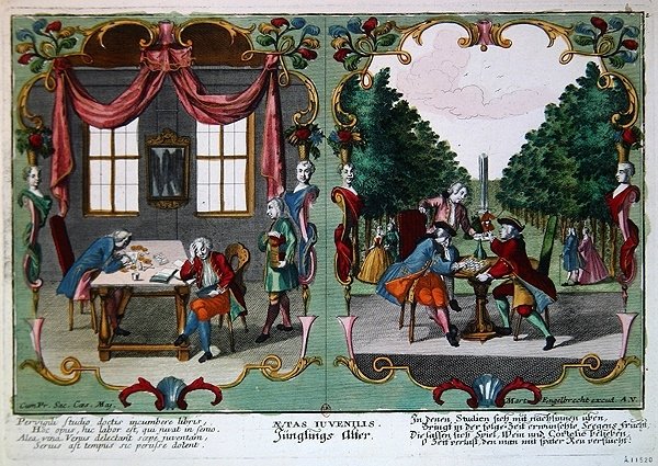 Adolescent Boys, tidligt 1700-tal (farvegravering) af Martin Engelbrecht