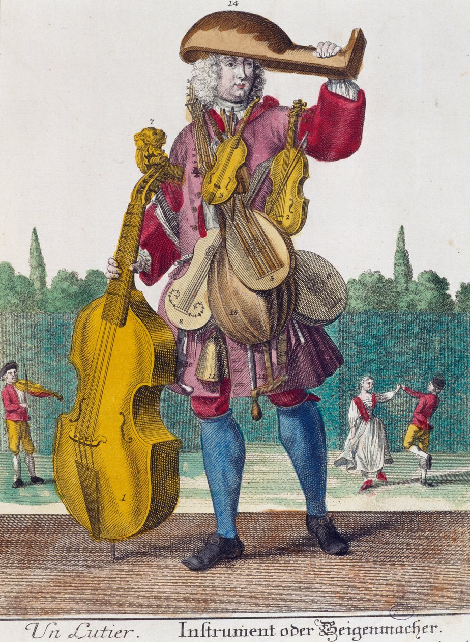 Lutespiller, gravering fra Assemblage des nouveau manouvries habilles af Martin Engelbrecht (1684-1756), Tyskland af Martin Engelbrecht
