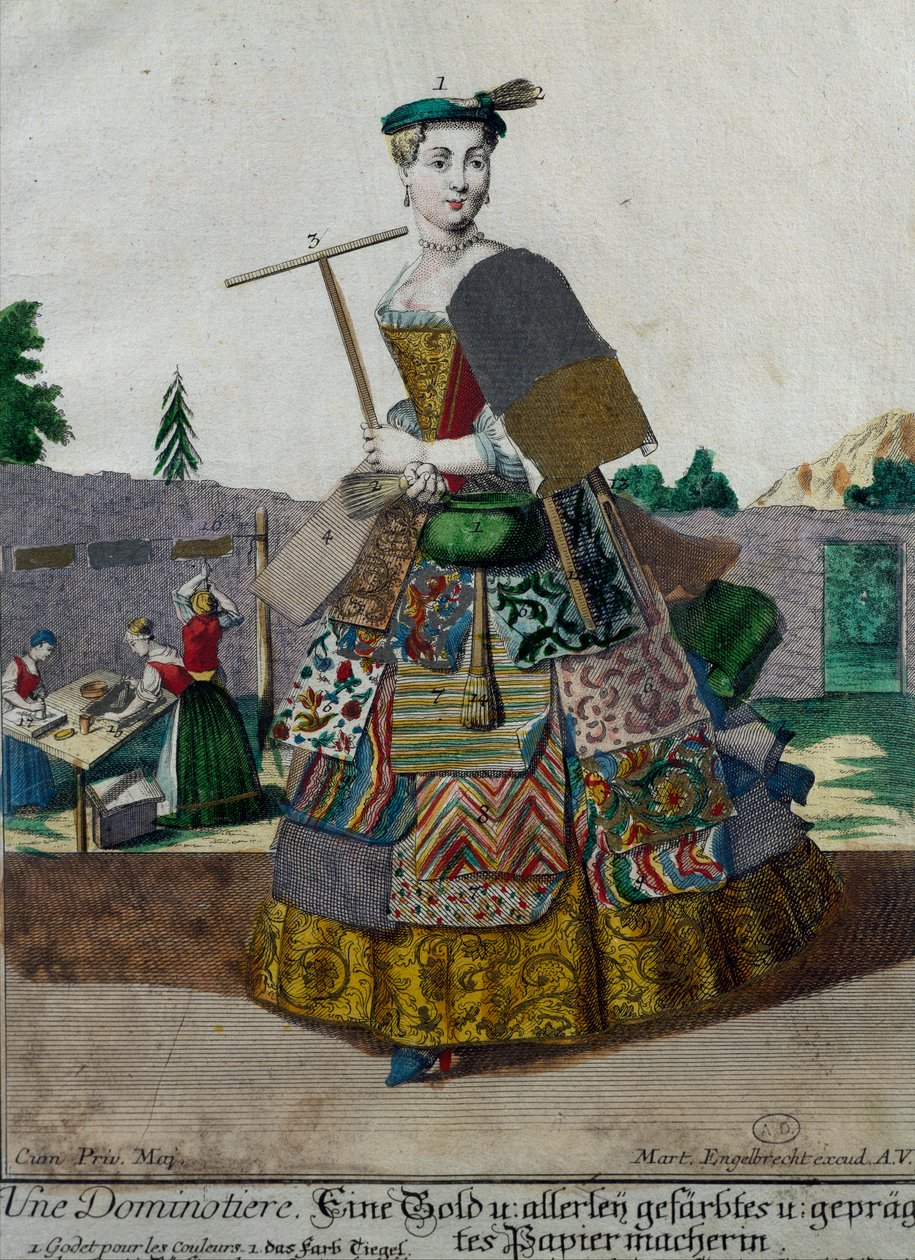 Producent af farvet papir, gravering fra Assemblage des nouveau manouvries habilles Martin Engelbrecht (1684-1756), Tyskland af Martin Engelbrecht