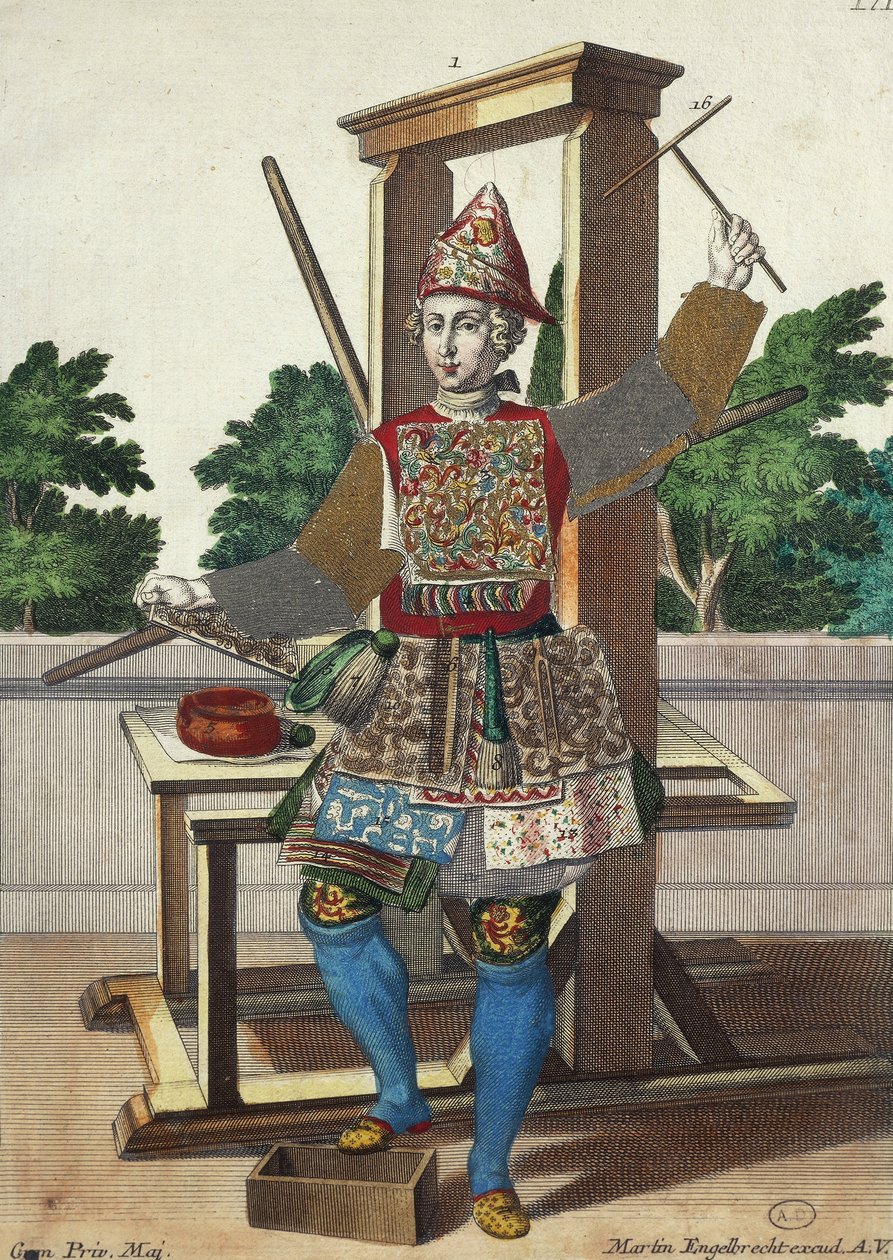 Producent af farvet papir, gravering fra Assemblage des nouveau manouvries habilles Martin Engelbrecht (1684-1756), Tyskland af Martin Engelbrecht