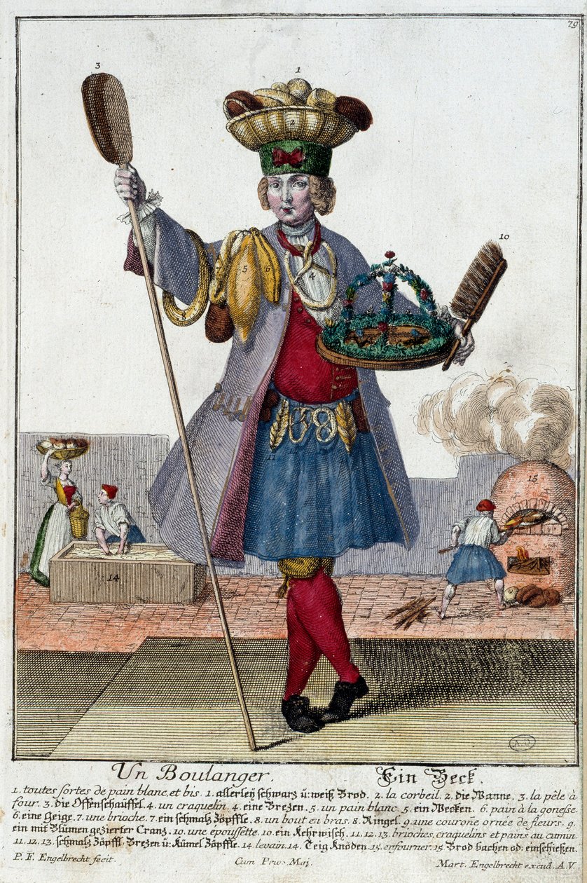 Metier: En bager. Stik af Martin Engelbrecht (1684-1756), i "" Ny samling af manouvries habilles"" 1700-tallet, Tyskland. Paris, dekorativ kunst af Martin Engelbrecht