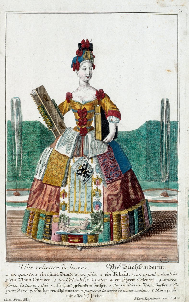 Metier: En bogbinder. Gravering af Martin Engelbrecht (1684-1756), i "New assembly of the manouvries habilles", 18. århundrede, Tyskland. Paris, dekorativ kunst af Martin Engelbrecht