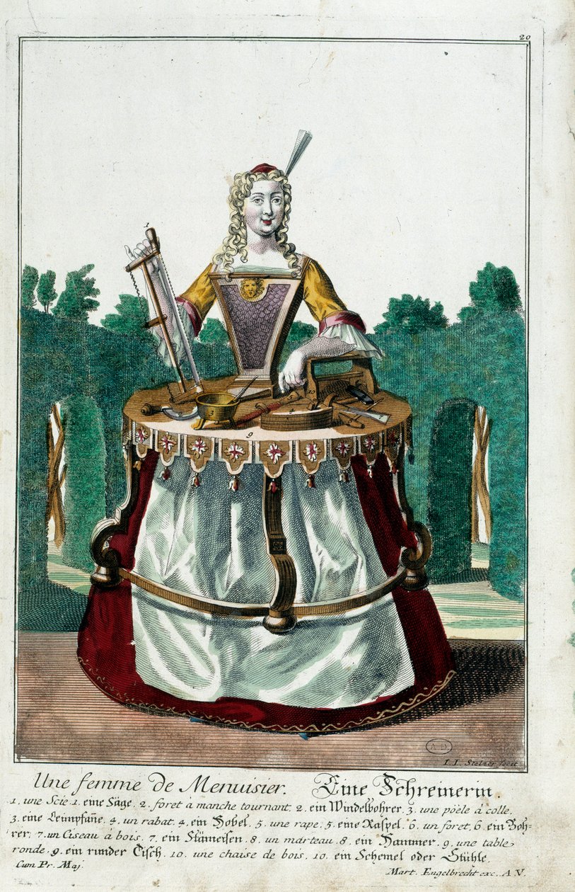 Metier: En tømrerkone. Stik af Martin Engelbrecht (1684-1756), i "" Ny samling af manouvries habilles"" 1700-tallet, Tyskland. Paris, dekorativ kunst af Martin Engelbrecht