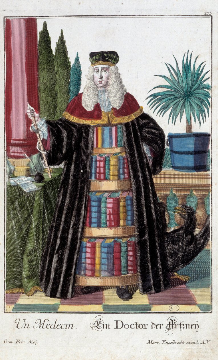 Metier: En læge. Gravering af Martin Engelbrecht (1684-1756), i "New assembly of the manouvries habilles" 18. århundrede, Tyskland. Paris, dekorativ kunst af Martin Engelbrecht
