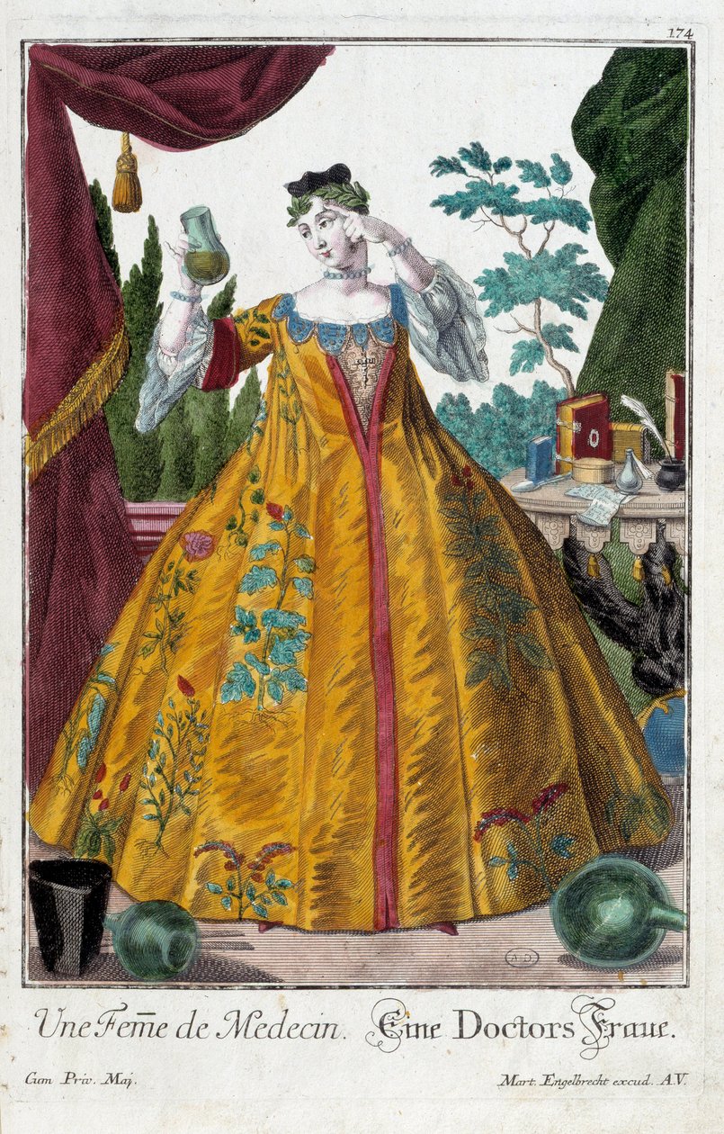 Metier: En læges kone. Stik af Martin Engelbrecht (1684-1756), i "" Ny samling af manouvries habilles"" 1700-tallet, Tyskland. Paris, dekorativ kunst af Martin Engelbrecht