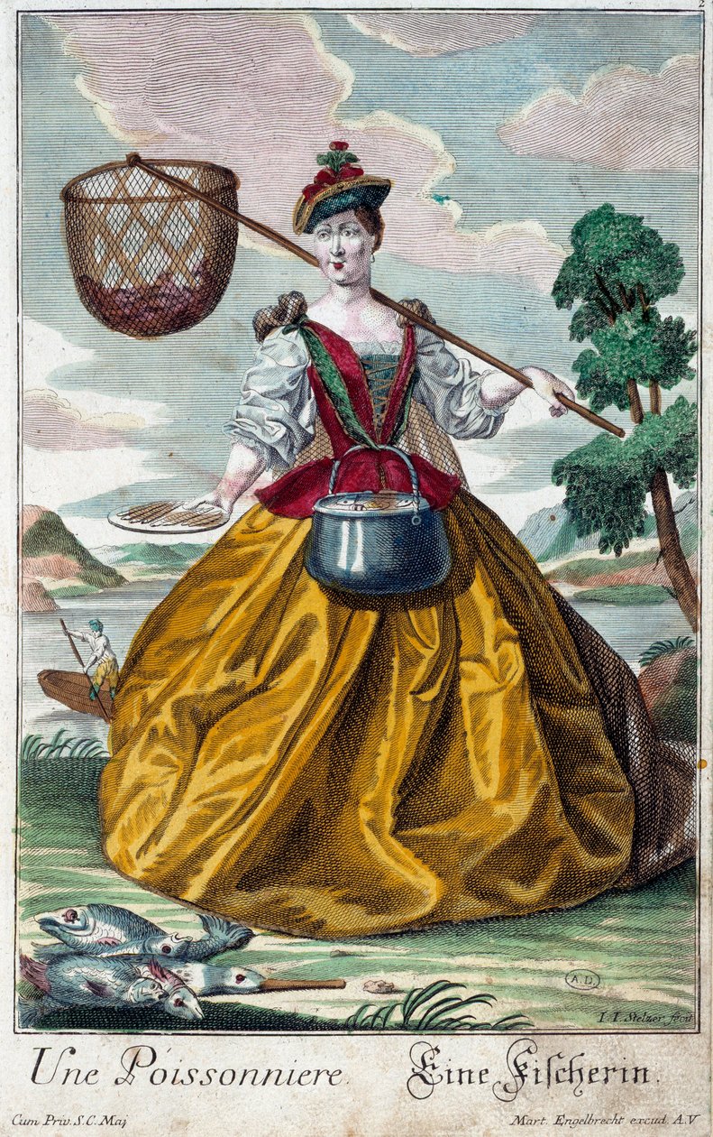 Metier: En fisk. Stik af Martin Engelbrecht (1684-1756), i "" Ny samling af manouvries habilles"" 1700-tallet, Tyskland. Paris, dekorativ kunst af Martin Engelbrecht