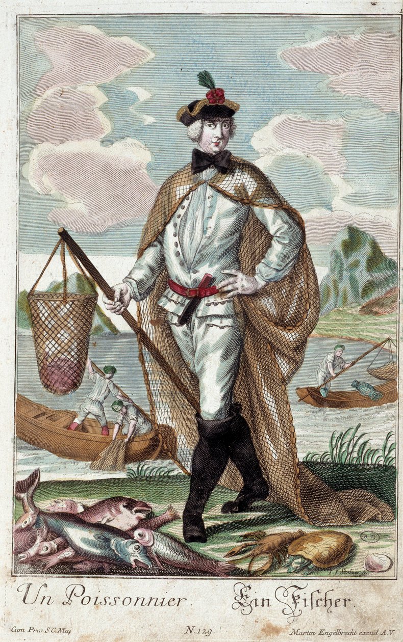 Metier: Et fisketræ. Stik af Martin Engelbrecht (1684-1756), i "" Ny samling af manouvries habilles"" 1700-tallet, Tyskland. Paris, dekorativ kunst af Martin Engelbrecht