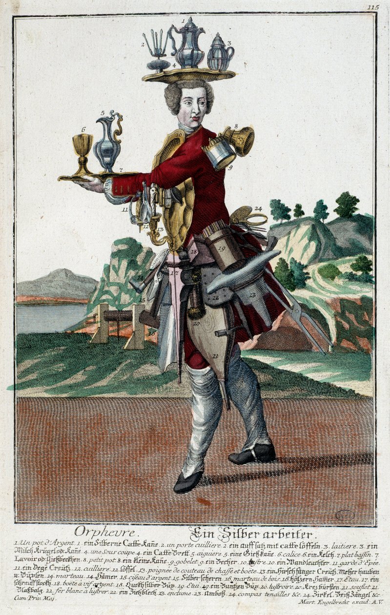 Metier: En guldfisk. Stik af Martin Engelbrecht (1684-1756), i "" Ny samling af manouvries habilles"" 1700-tallet, Tyskland. Paris, dekorativ kunst af Martin Engelbrecht