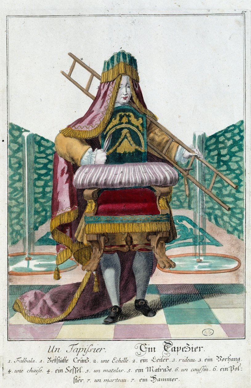 Metier: En polstring. Stik af Martin Engelbrecht (1684-1756), i "" Ny samling af manouvries habilles"" 1700-tallet, Tyskland. Paris, dekorativ kunst af Martin Engelbrecht