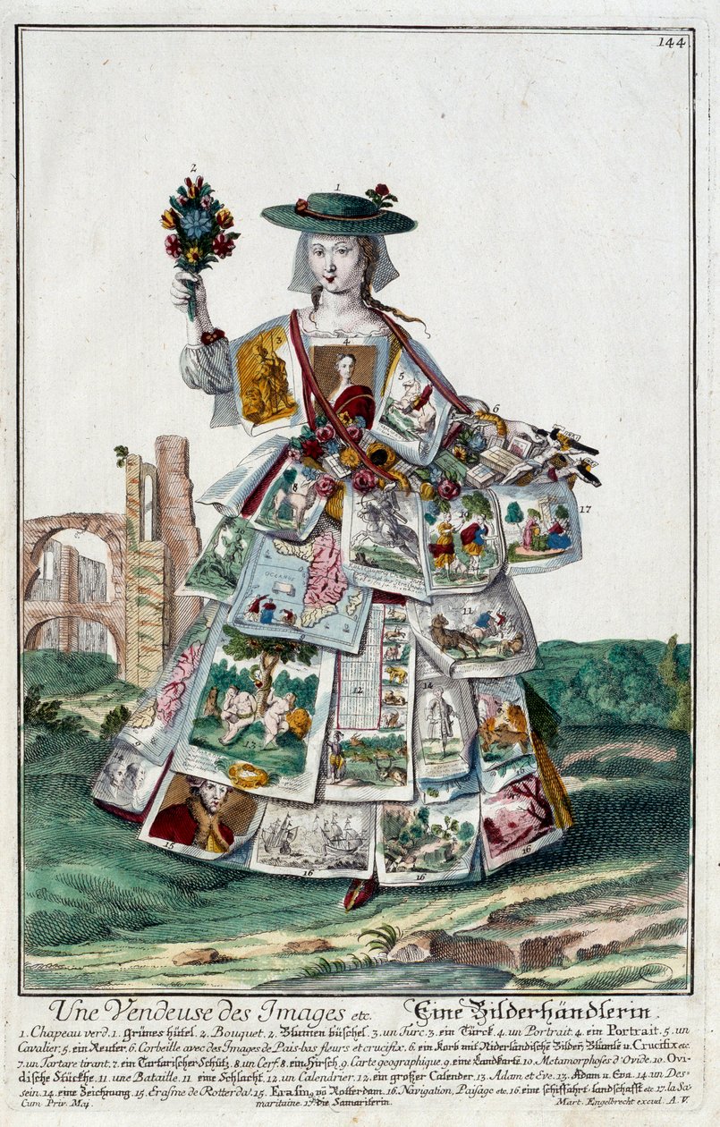 Metier: En billedsælger. Stik af Martin Engelbrecht (1684-1756), i "" Ny samling af manouvries habilles"" 1700-tallet, Tyskland. Paris, dekorativ kunst af Martin Engelbrecht