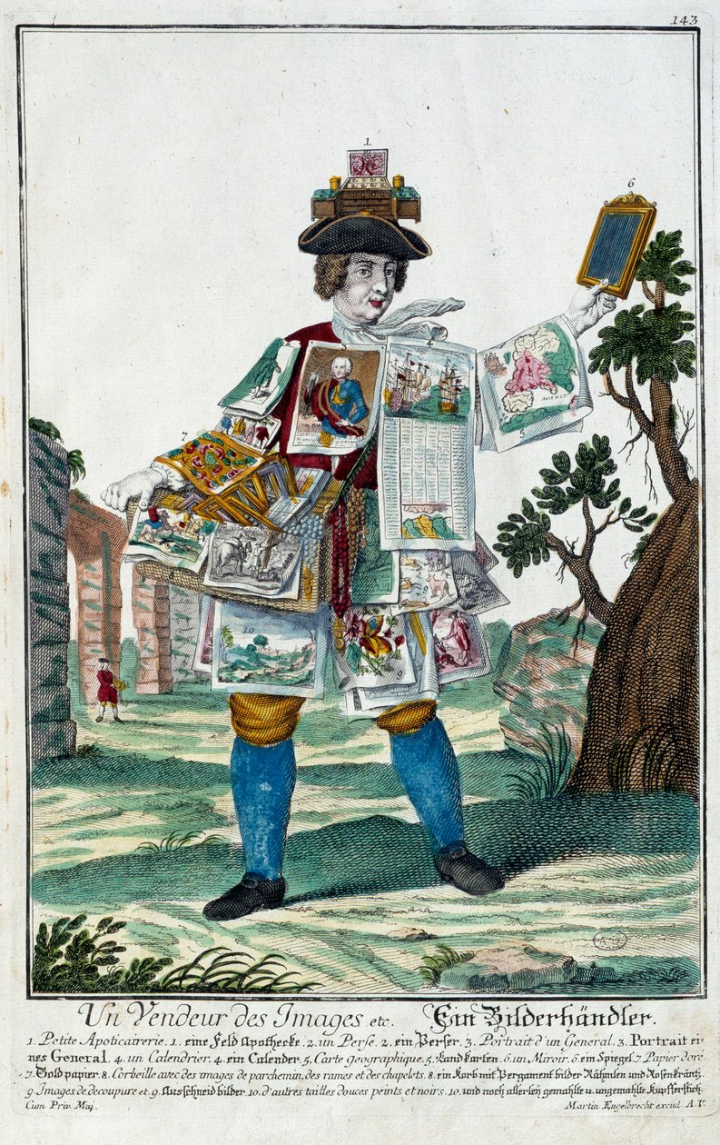 Metier: En billedsælger. Stik af Martin Engelbrecht (1684-1756), i "" Ny samling af manouvries habilles"" 1700-tallet, Tyskland. Paris, dekorativ kunst af Martin Engelbrecht