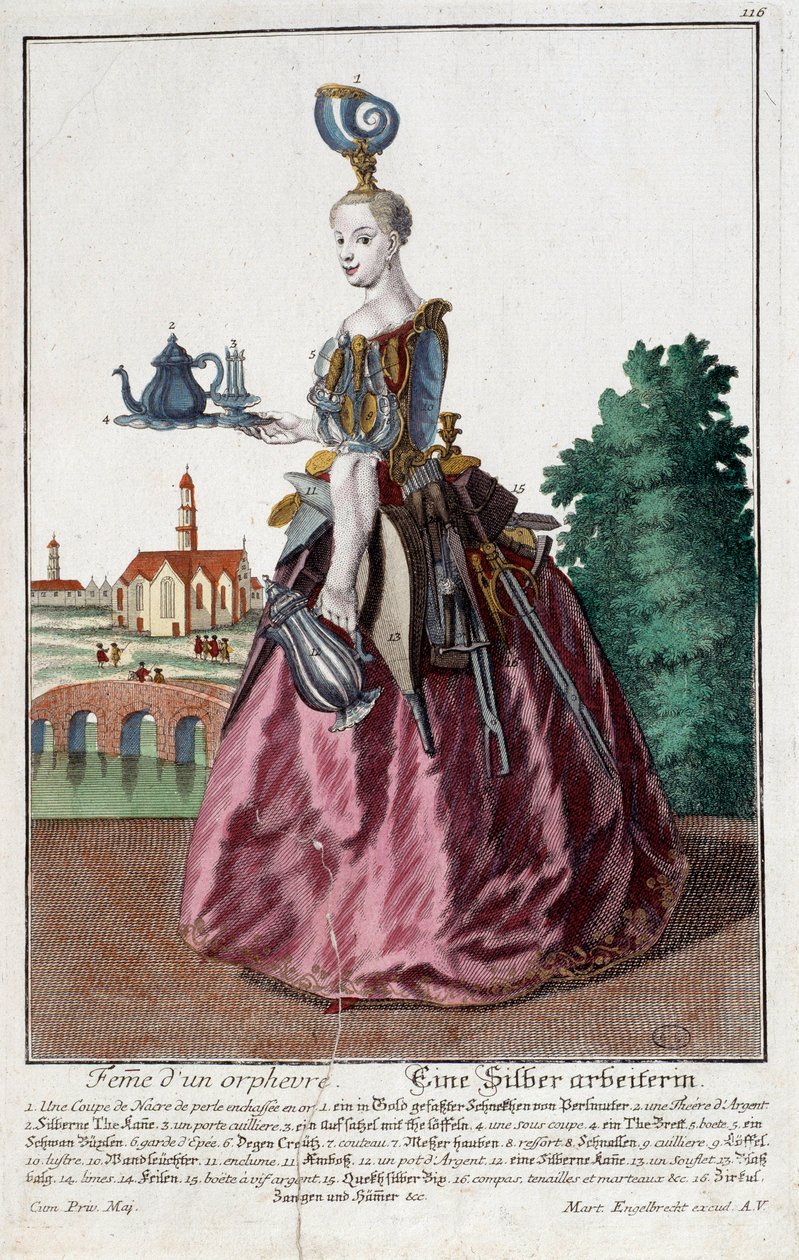 Metier: Kvinde af en guldfisk. Stik af Martin Engelbrecht (1684-1756), i "" Ny samling af manouvries habilles"" 1700-tallet, Tyskland. Paris, dekorativ kunst af Martin Engelbrecht