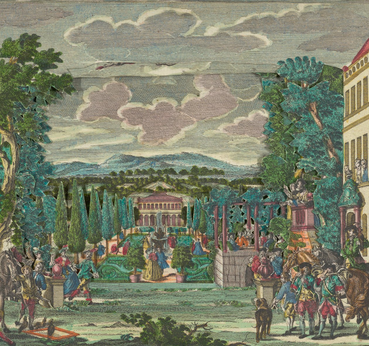 Papirteater eller Diorama af en italiensk villa og have, ca. 1730-56. af Martin Engelbrecht