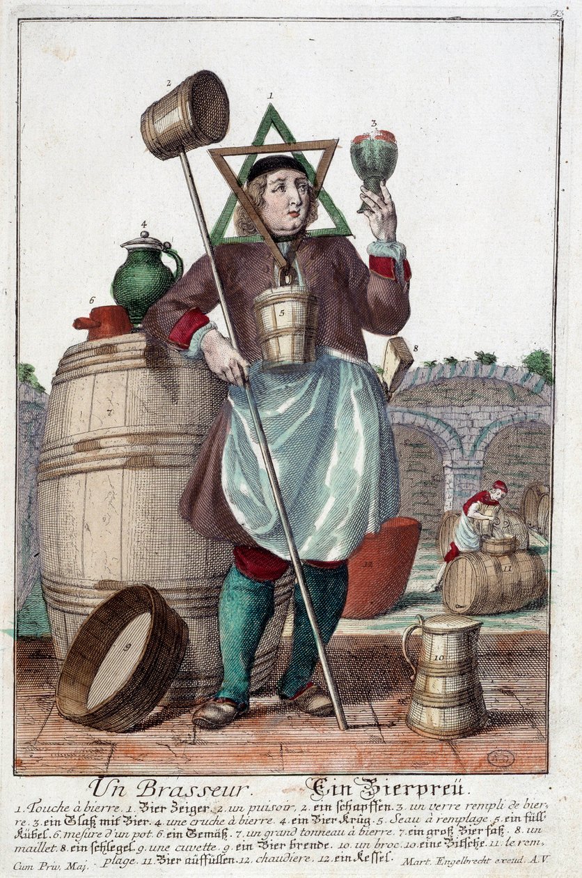 Repræsentation af en brygger med et springvand, et glas, en kande, en spand, en tønde, en hammer, en skål, en broc, en kedel. Gravering af Martin Engelbrecht (1684-1756) af Martin Engelbrecht