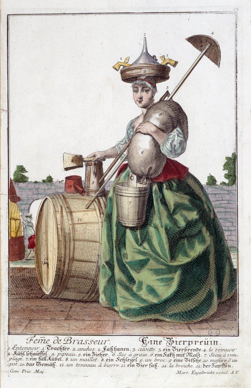 Repræsentation af en brygmesterfrue, der bærer en tragt på hovedet, en kornpose, en skål, en spand og en øltønde. Gravering af Martin Engelbrecht (1684-1756) af Martin Engelbrecht