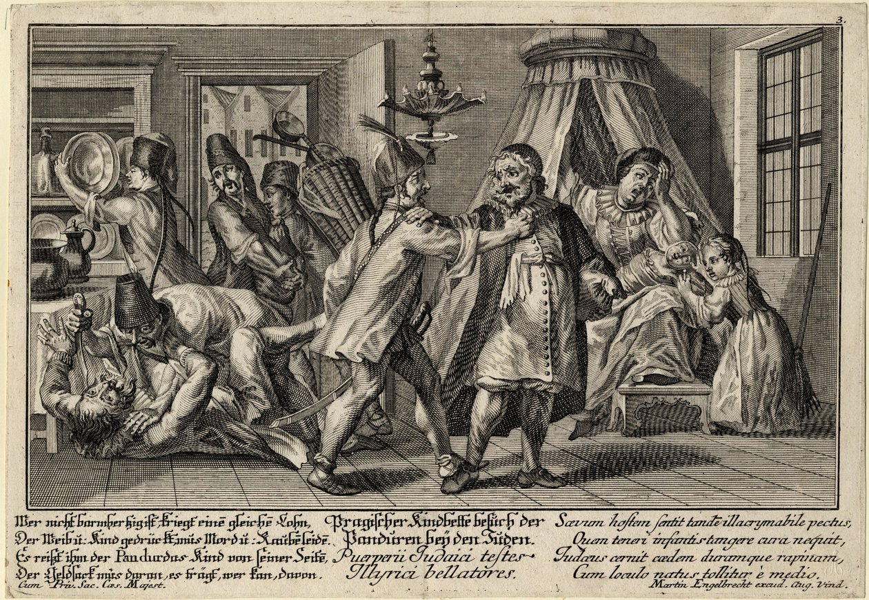 Pandurerne på besøg hos jøderne - Englebrecht, Martin (1684-1756) - ca 1756 - Kobberstik - 21,3x30,9 - Privat samling af Martin Engelbrecht
