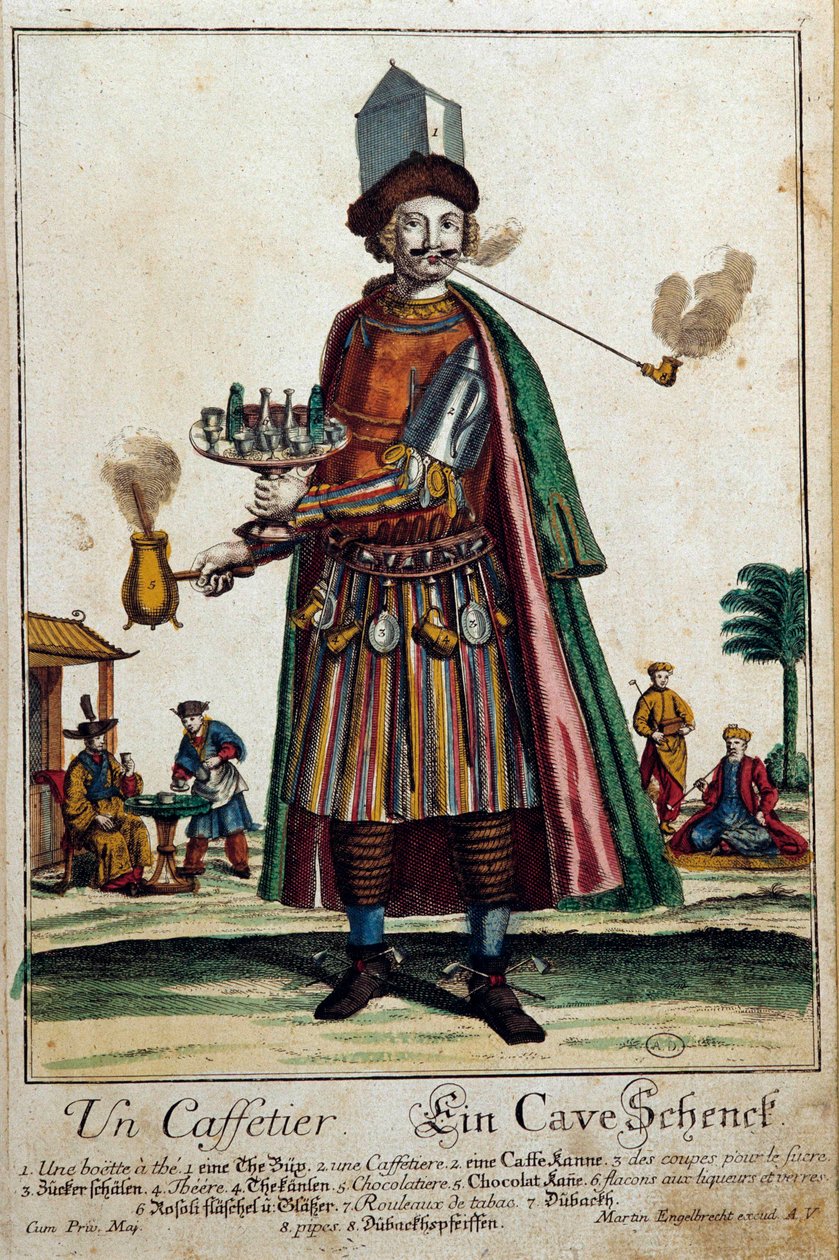 Kaffemaskinen: en mand iført en kaffemaskine og en service. Gravering af Martin Engelbrecht (1684-1756) Paris fra det 18. århundrede, dekorativ kunst af Martin Engelbrecht