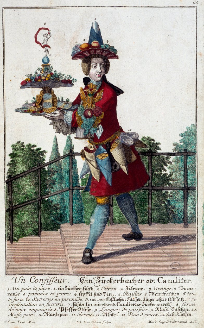 Konditor: en ung mand med en bakke med slik og konfekture. Gravering af Martin Engelbrecht (1684-1756) fra det 18. århundrede. Paris, dekorativ kunst af Martin Engelbrecht