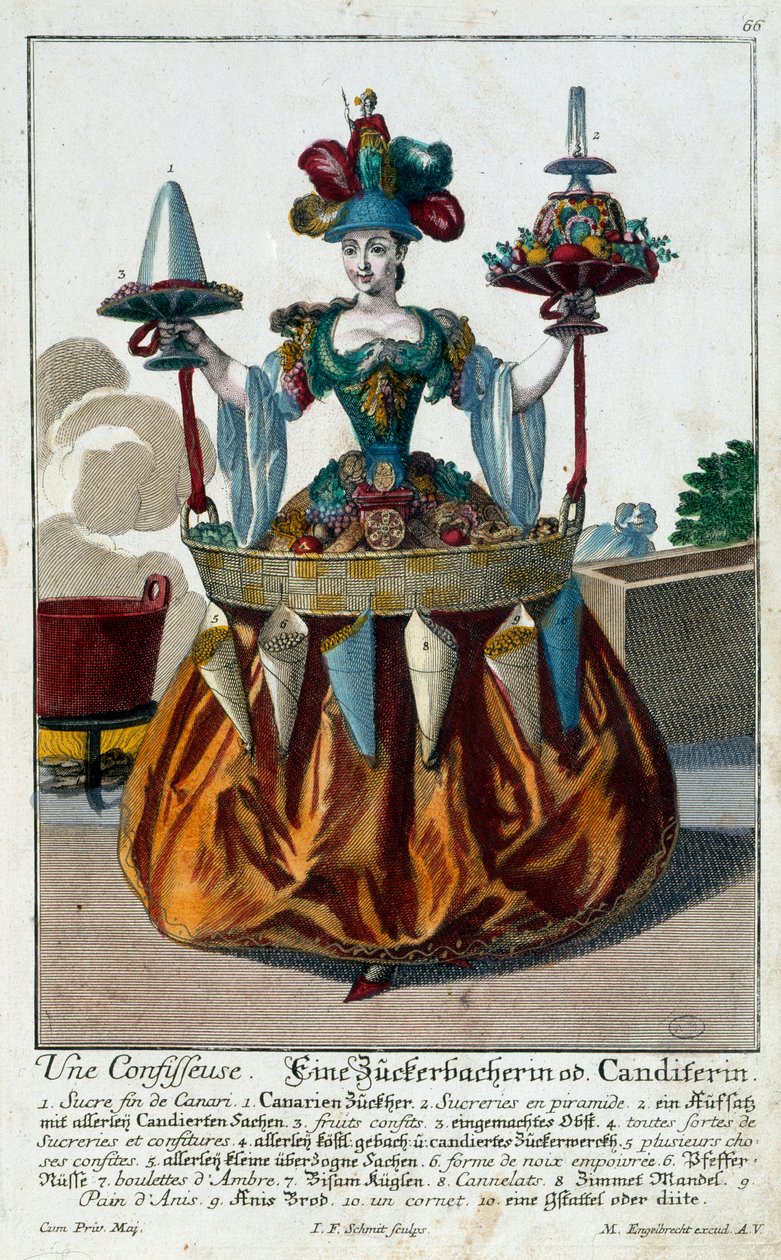 Konditoren: en ung kvinde, der holder en bakke med slik og konfekture. Stik af Martin Engelbrecht (1684-1756) 1700-tallet. Paris, dekorativ kunst af Martin Engelbrecht