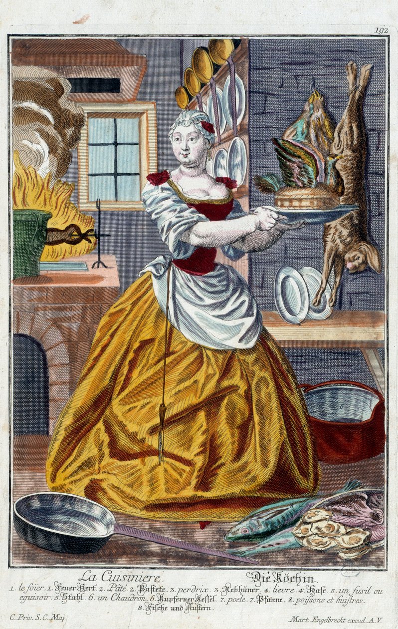 Kokken. Stik af Martin Engelbrecht (1684-1756), i "" Ny samling af manouvries habilles"" 1700-tallet, Tyskland. Paris, dekorativ kunst af Martin Engelbrecht
