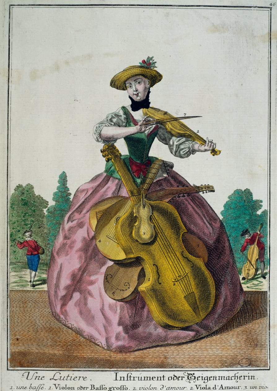 Une Lutiere, Lutist med bratsch, cello og violin, af Martin Engelbrecht (1684-1756), farvetryk, Frankrig af Martin Engelbrecht