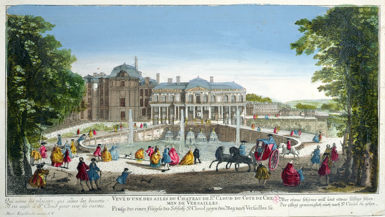 Udsigt over Chateau de Saint-Cloud nær Versailles, midten af det 18. århundrede (farvegravering) af Martin Engelbrecht