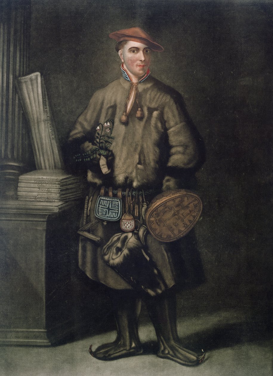 Carolus Linnaeus (1707-78) i sin lapplandskjole, graveret af Henry Kingsbury (fl.1775-98), udgivet 1805 af Martin Hoffman