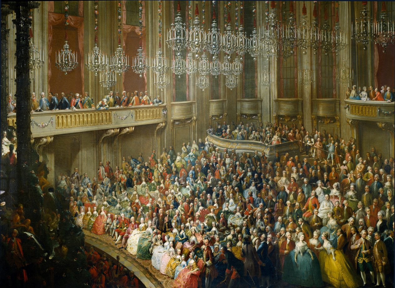 Fest til ære for Maria Therese af Østrig (1717-1780), Josef II (1741-1790), der blev kejser og hustru til Isabella af Parma (Bourbon-Parma) (Bourbon Parma) den 10/10/1760 den unge Wolfgang Amadeus Mozart (1756-1791) er til stede. Maleri fra Sc af Martin II (school of) Mytens or Meytens
