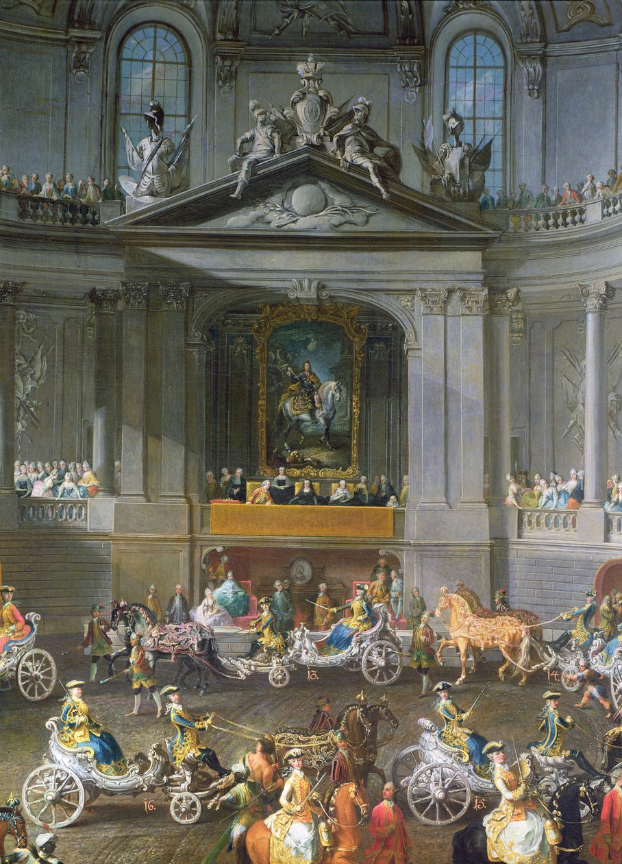 En kavalkade i vinterrideskolen i Wien Hof for at fejre den franske hærs nederlag ved Prag, der viser rytterportrættet af kejser Karl VI, 1743 detalje af 67400, se også 665 af Martin II Mytens or Meytens