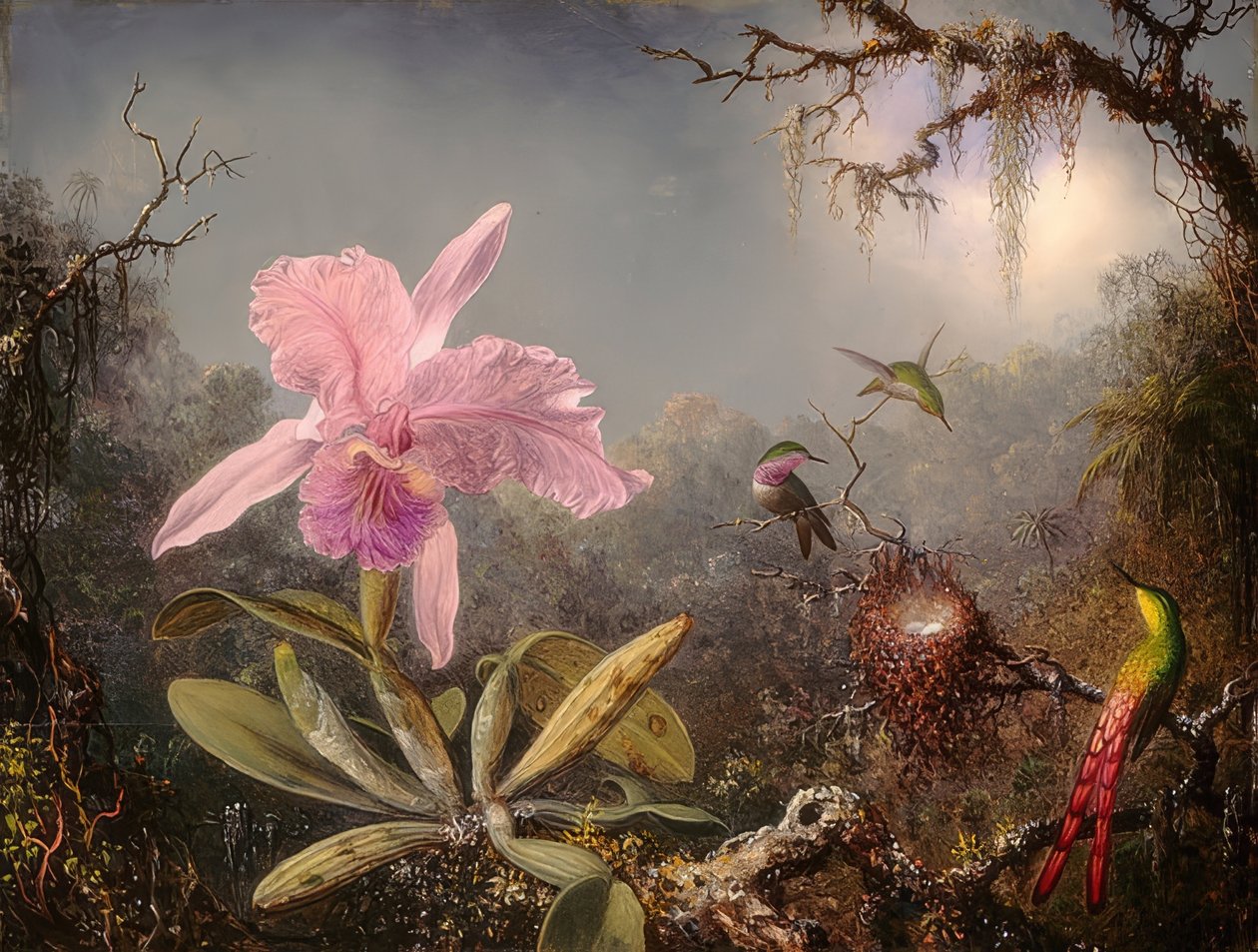 Cattleya orkidé og tre kolibrier. 1871 af Martin Johnson Heade