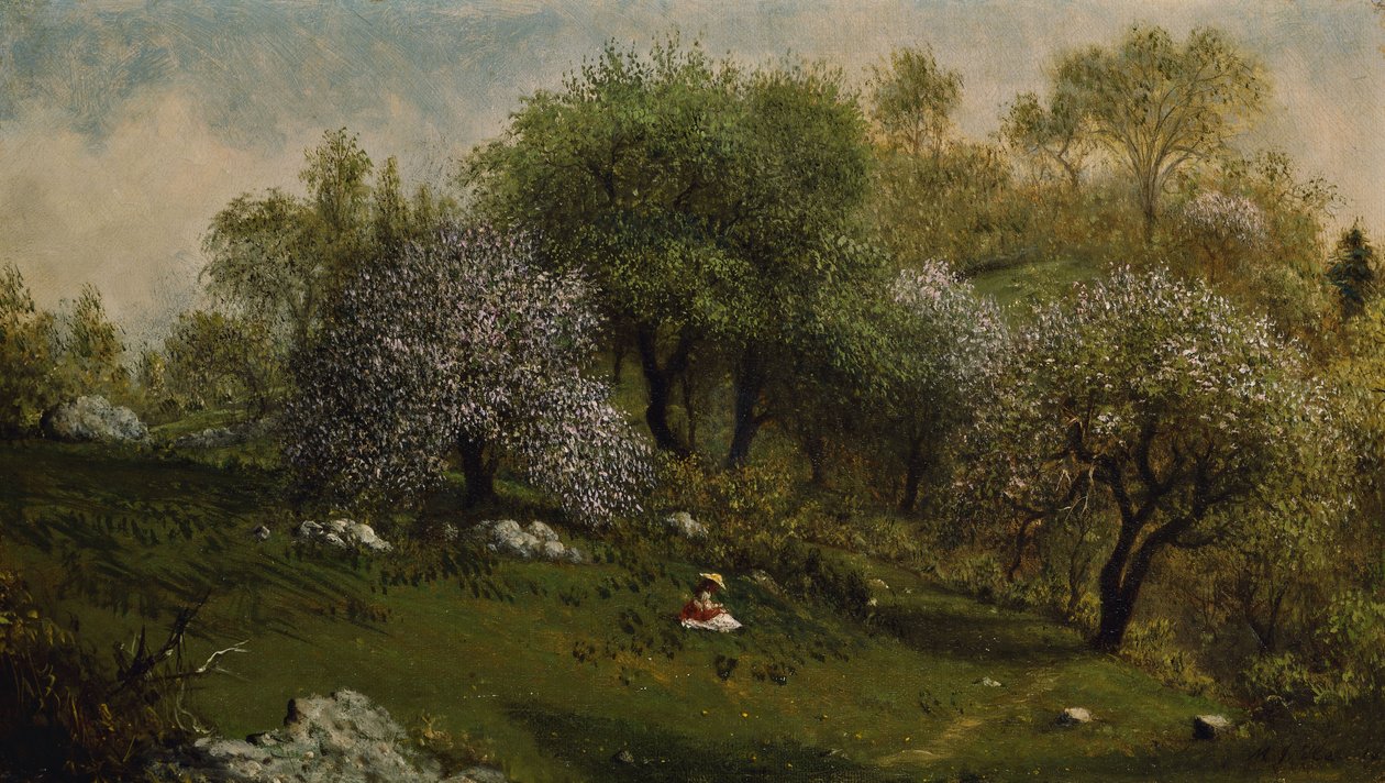 Pige på en bjergside, æbleblomster af Martin Johnson Heade