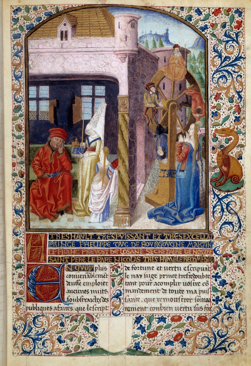 Allegory of Fortune: repræsentation af en ung kvinde nær et lykkehjul. Miniature fra "The Spirit of Fortune and Virtue" af Martin Le Franc (1410-1461) 1447-1448, Paris B.N. af Martin Le Franc