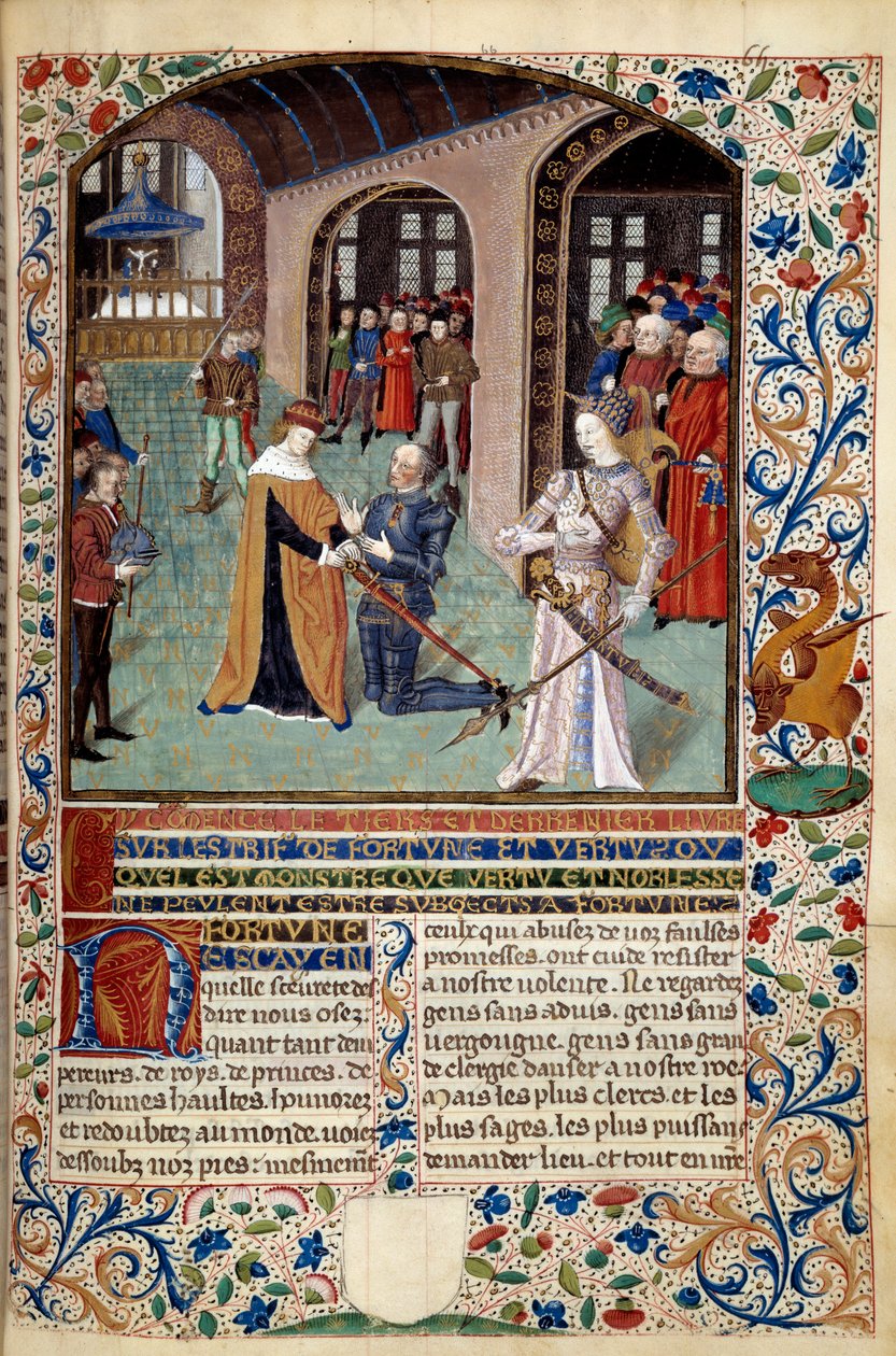 Allegori om dyd: vasal, der hylder sin herre i nærvær af dyd. Miniature fra "The Spirit of Fortune and Virtue" af Martin Le Franc (1410-1461) 1447-1448, Paris B.N. af Martin Le Franc