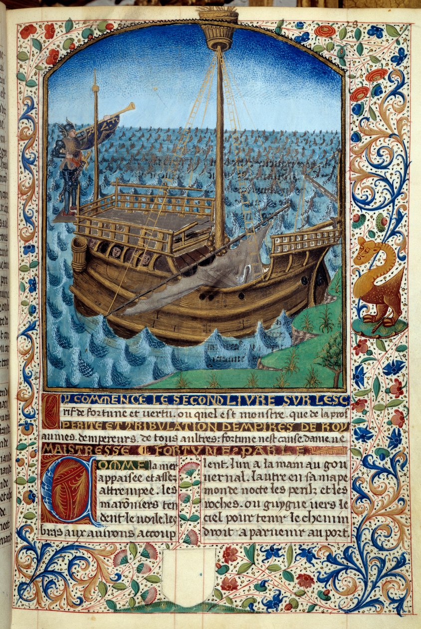 Repræsentation af et skib til søs - Miniature fra "Lykkens og dydens ånd" af Martin Le Franc (1410-1461) 1447-1448 - Paris B.N. - Skib til søs - Miniaturemaleri fra manuskriptet "Lykkens og dydens ånd" af Martin Le Franc (1410-1461) af Martin Le Franc