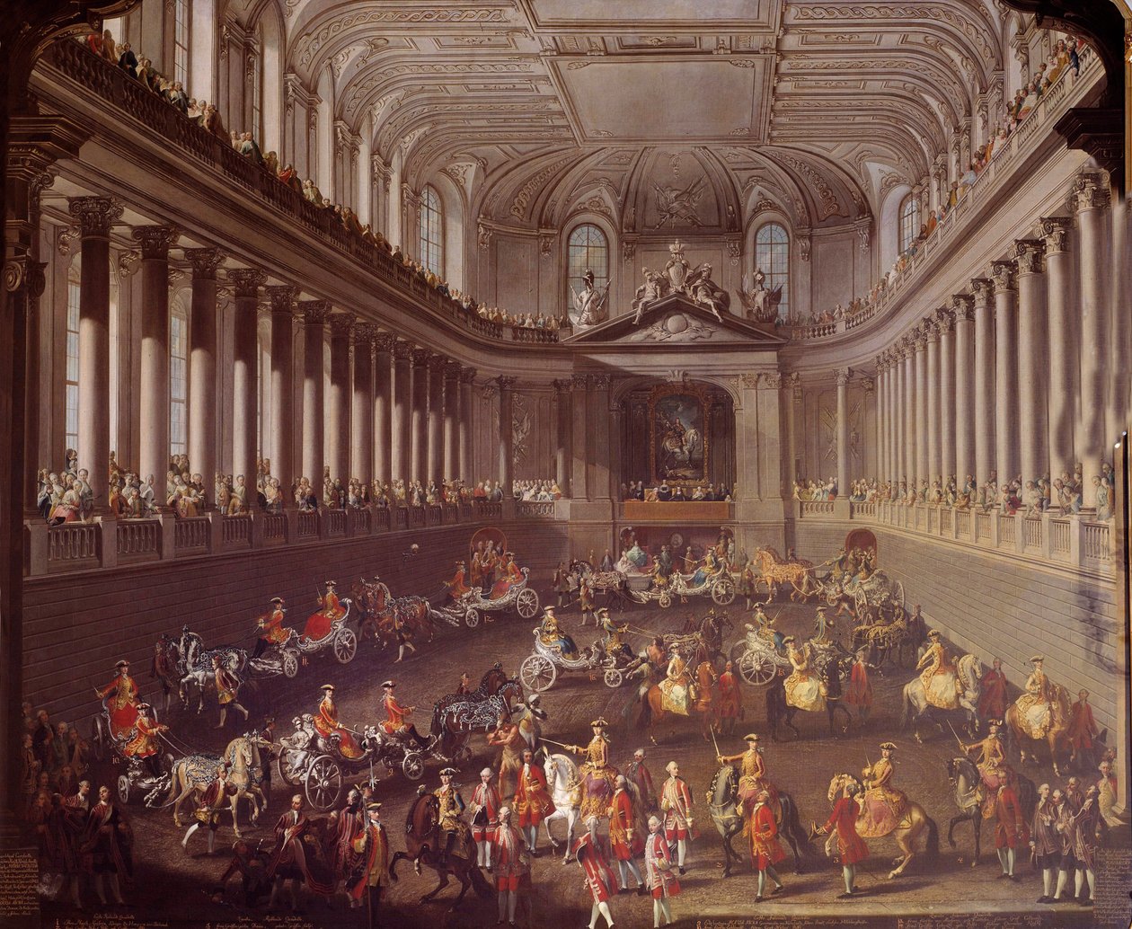 Karrusel af den spanske manege i Wien for at fejre det franske nederlag i Prag i 1763, Marie Therese fra Østrig (1717-1780) er repræsenteret på den hvide hest Maleri af Martin Meytens skole (1695-1770) 1700-tallets Wien. Kunsthistorisk Mus af Martin Meytens the Younger