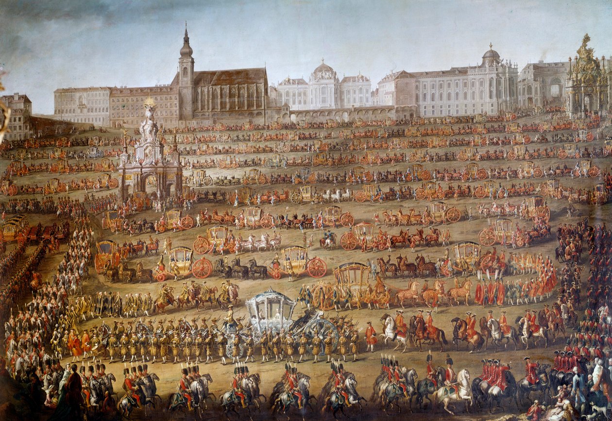 Maria Isabella af Bourbon Parmas (1741-1763) indgang til Wien i anledning af hendes ægteskab med kejser Josef II af Østrig (1741-1790), i baggrunden Augustinerkirken og hoffets bibliotek En enorm kortege er organiseret igennem af Martin Meytens the Younger