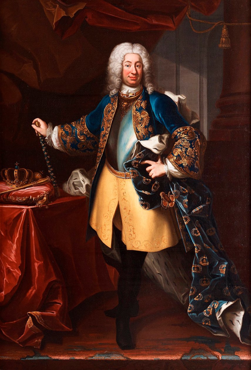 Portræt af Frederik I (Frederik I) (1676-1751) Konge af Sverige og Prins af Finland (Portræt af Kong Frederik I af Sverige (1676-1751)) Maleri af Martin Meytens dit le jeune (1695-1770), ca 1730 - Olie på lærred, 234x158 - Privat samling af Martin Meytens the Younger