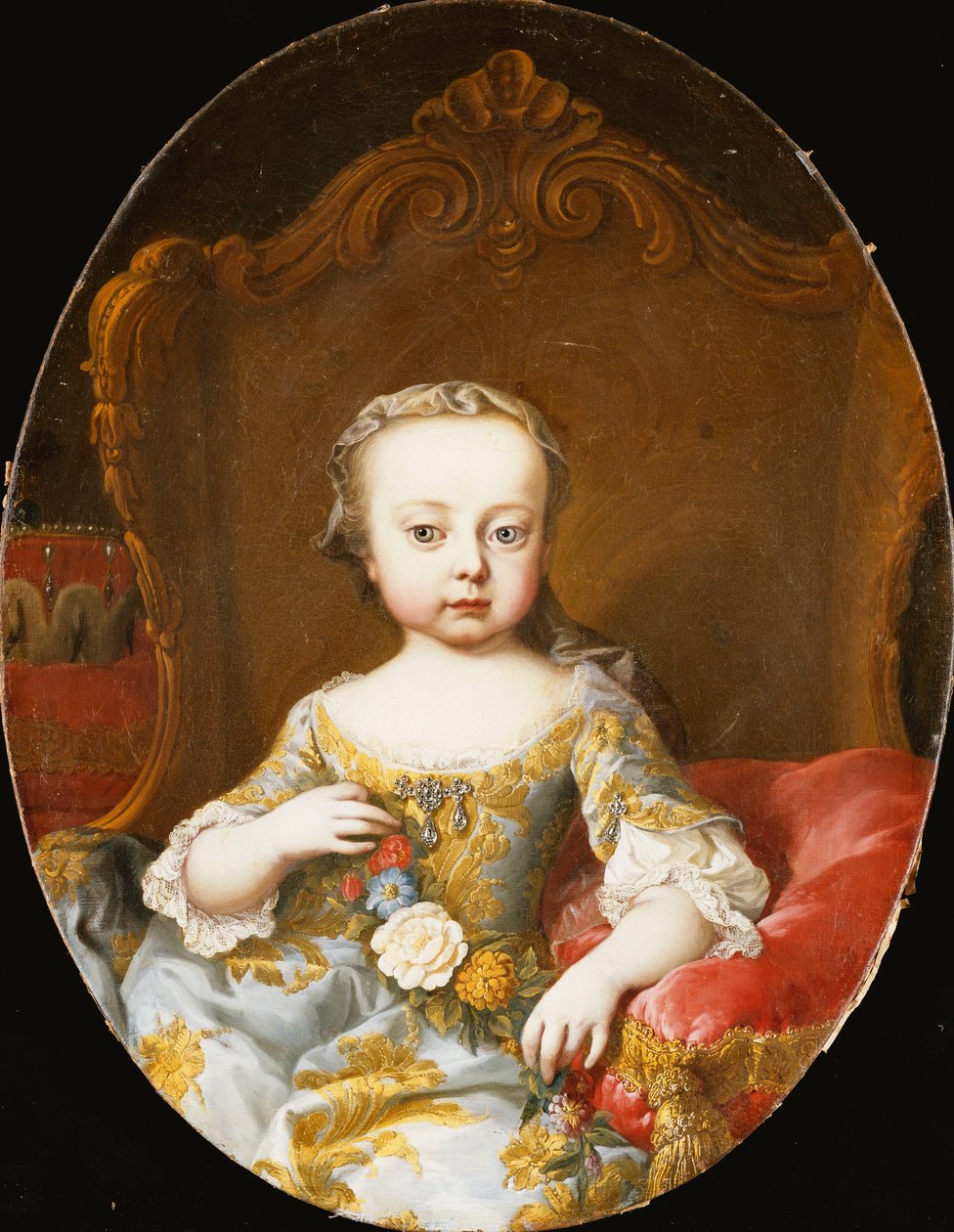 Portræt af hans søster, ærkehertuginden Maria Christine, siddende, trekvart længde, i en guldbroderet blå kjole med en blomsterkrans, af Martin Meytens the Younger