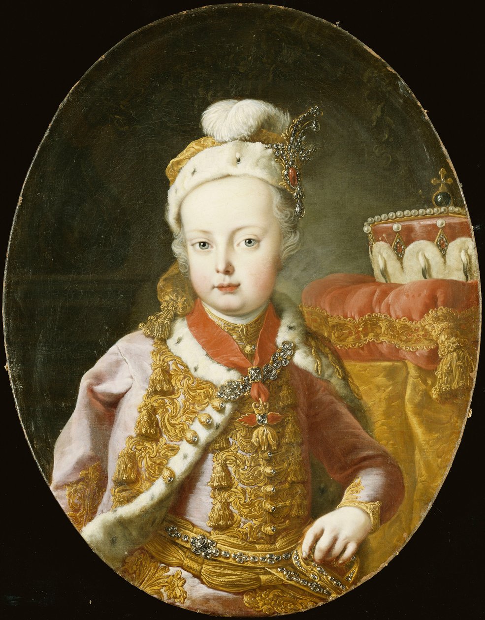 Portræt af ærkehertug Joseph, senere kejser Joseph II af Østrig, halvlængde, i en guldbroderet lyserød fløjlsjakke med hermelinbeklædning, en fjerbeklædt kasket prydet med en broche og iført Det Gyldne Fleece-orden, af Martin Meytens the Younger