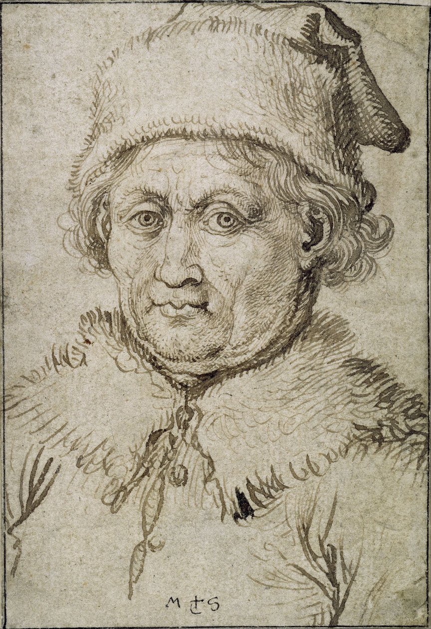 Billede i brystlængde af en gammel mand med pelskrave og hat af Martin Schongauer